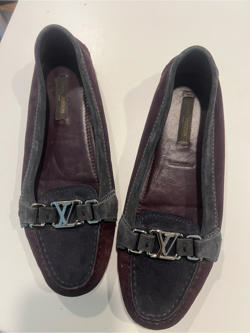 Louis Vuitton Dauphine Suede Loafers in Plum and Gray